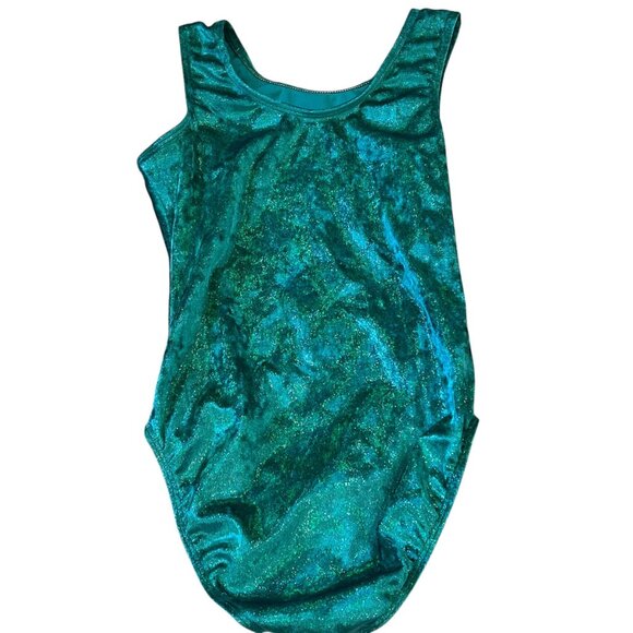 Green Sparkle Destira Gymnastics Leotard Girls XL with Scrunchie - Picture 3 of 5